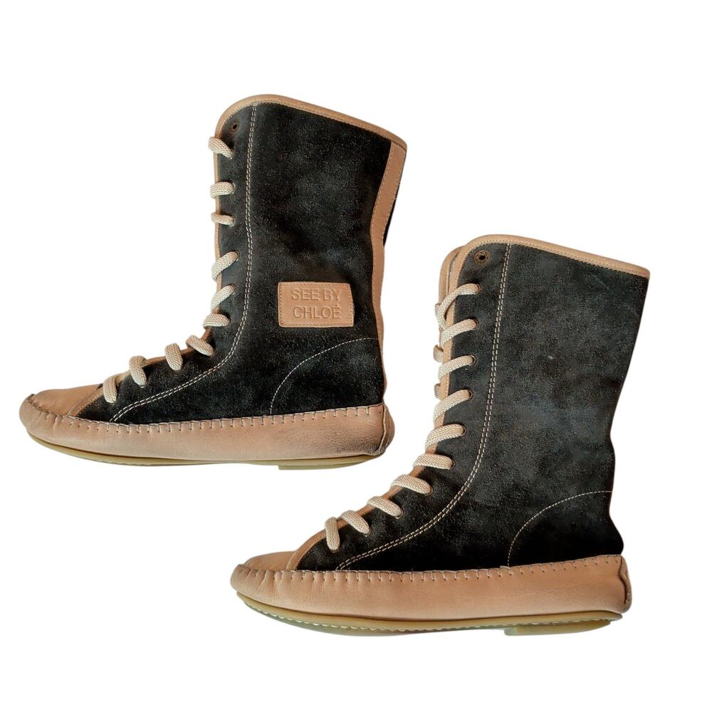 See by Chloe Sz 37 EU (6-6.5 US) Shearling Lined Sneaker Moccasin Boots Lace Up